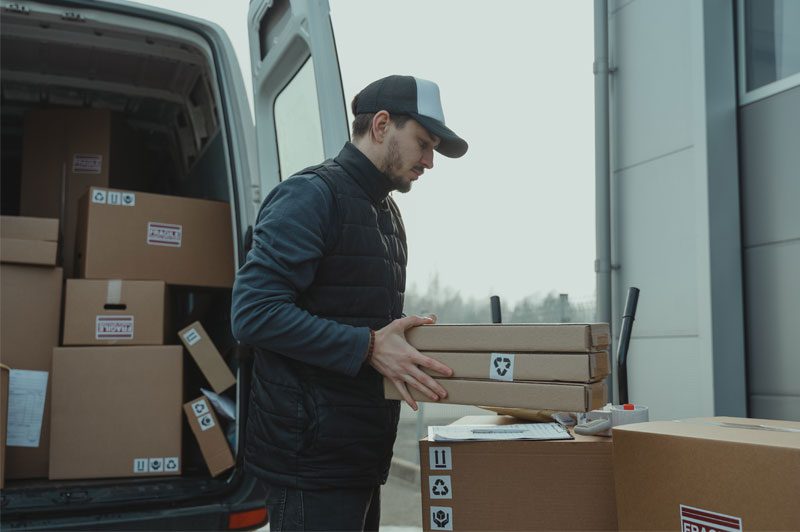 Postal worker delivering packages to customer with suitable safety footwear