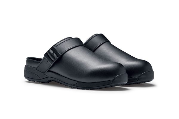 Black Triston water-resistant clogs with adjustable side strap and supportive insole