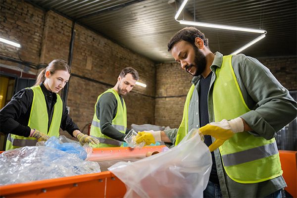 Travailleurs portant des gilets de sécurité en train de recycler des déchets