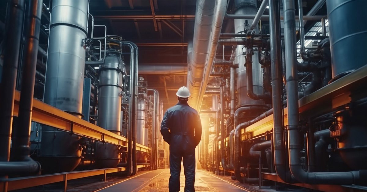 Industrial worker wearing a white hard hat standing in front of steel pipes in a factory