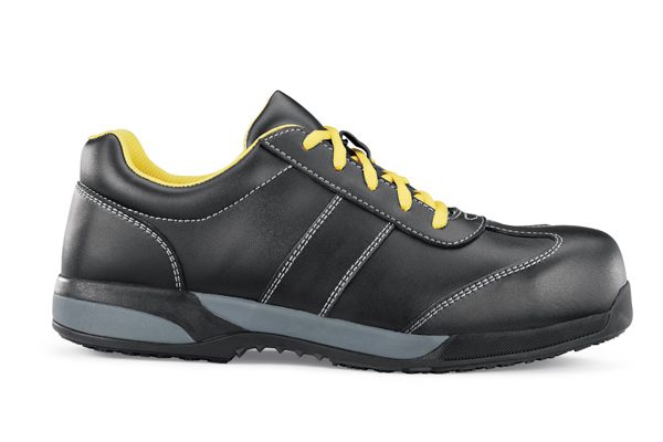 Chaussures de travail pour les tenues de facteur : modèle Clyde noir avec lacets jaunes